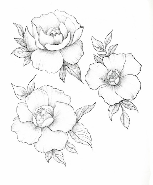 白い背景に葉が付いた3つの花の絵