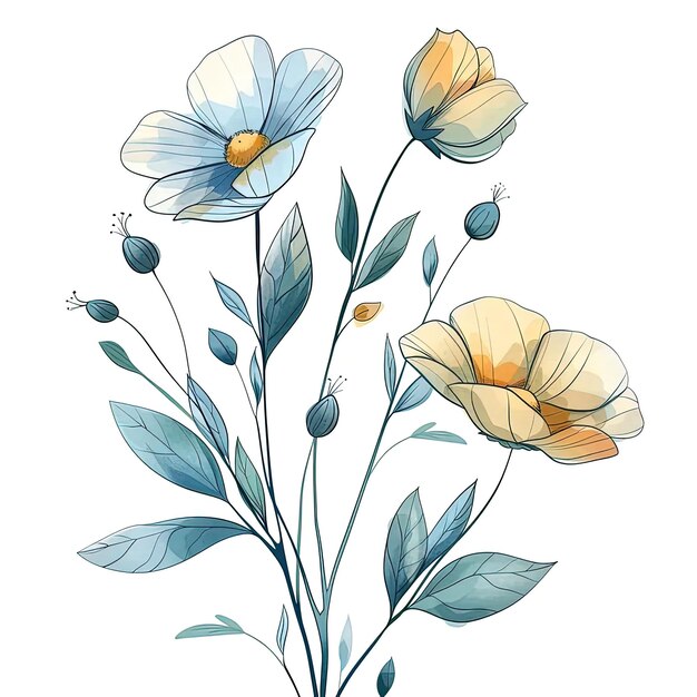 A drawing of three flowers with leaves on a white background