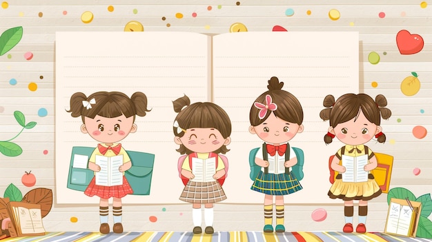 a drawing of three girls reading a book with the words quot school quot on the bottom