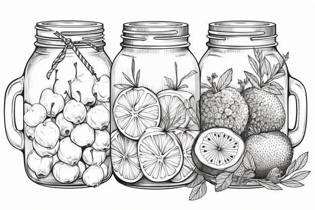 a drawing of three jars filled with fruit and vegetables generative ai