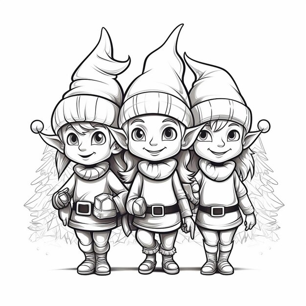 Photo a drawing of three kids wearing hats and one has a hat on it.