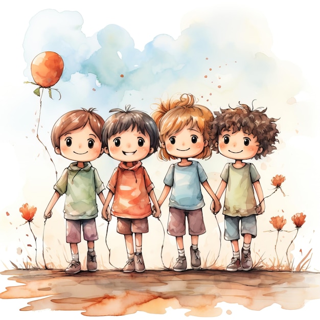 a drawing of three kids with a balloon in the background