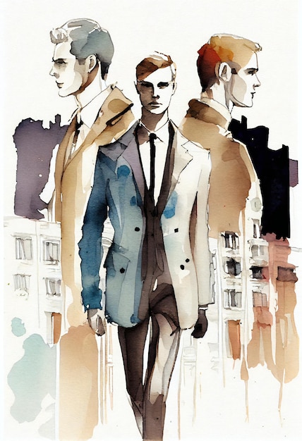 A drawing of three men in front of a cityscape.