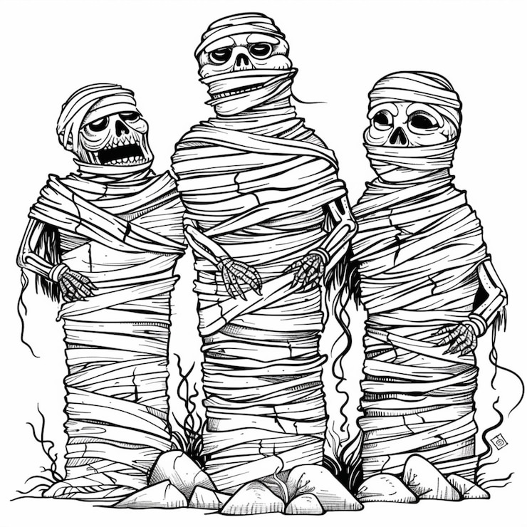 Photo a drawing of three mummys with their heads wrapped in bandages generative ai