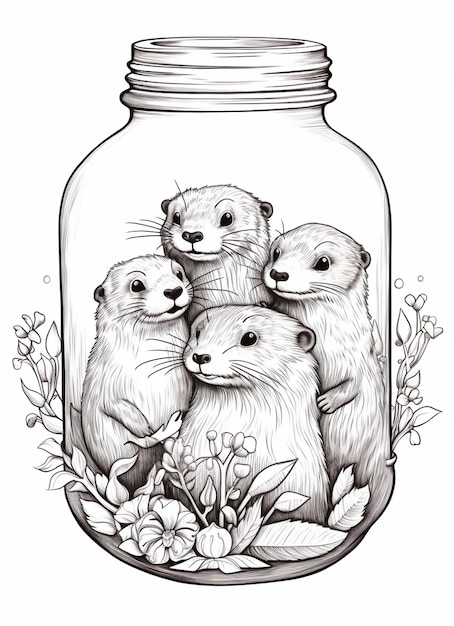 a drawing of three otters in a jar with flowers generative ai