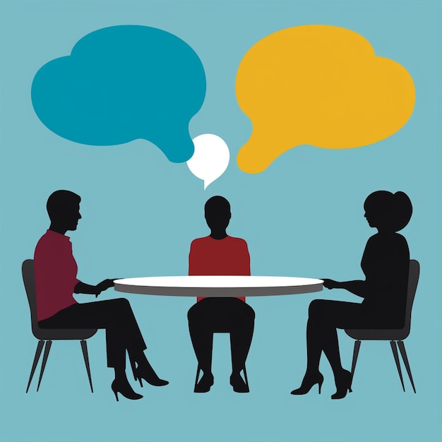 Photo a drawing of three people sitting at a table with speech bubbles saying 