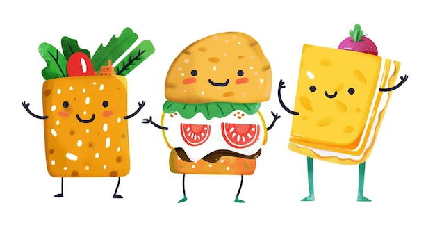 a drawing of three people with cheese and vegetables