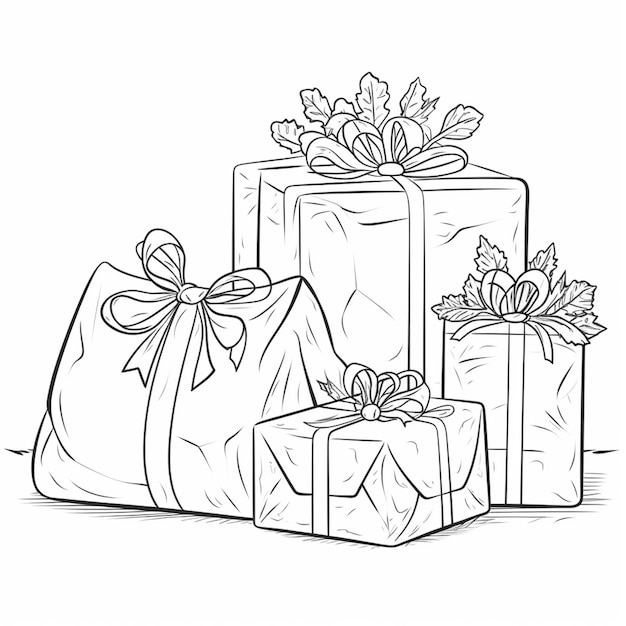 Photo a drawing of three presents with bows and bows on them generative ai