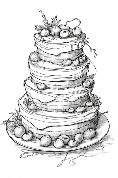 Photo a drawing of a three tiered cake with apples on top generative ai