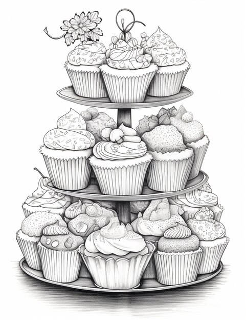 a drawing of a three tiered cake with cupcakes on it generativ ai