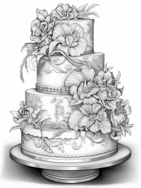 상단 에 꽃 이 있는 3 층 의 케이크 의 그림