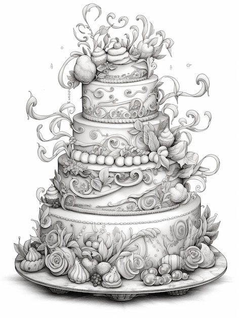 Photo a drawing of a three tiered cake with flowers and vines generative ai