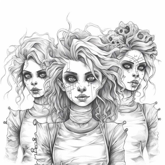 a drawing of three women with makeup and hair generative ai