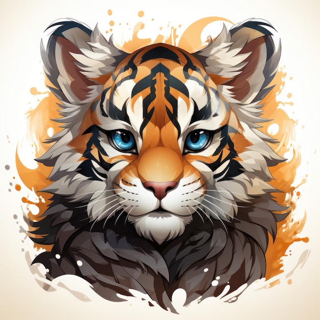 A drawing of a tiger's face with blue eyes AI image Digital clipart