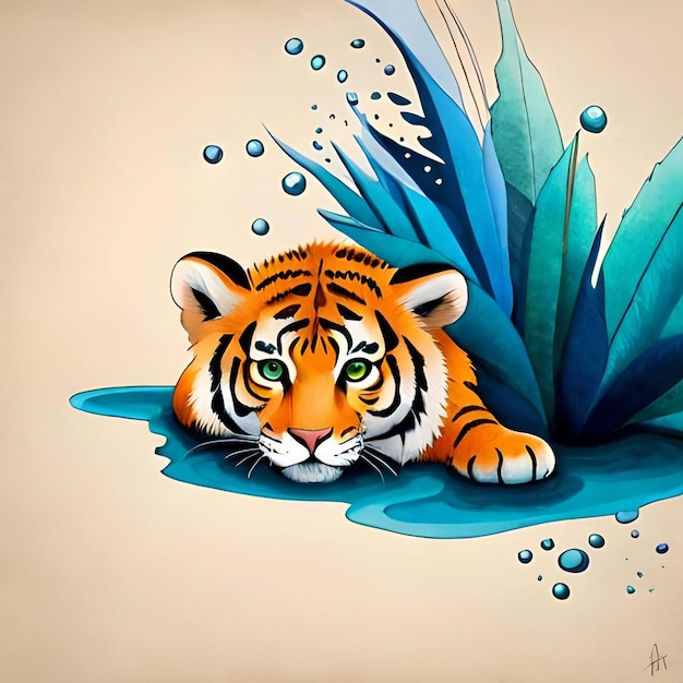 A drawing of a tiger sitting near the grass generated AI