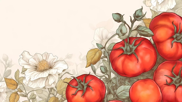 A drawing of tomatoes on a vine with a flower on the top.