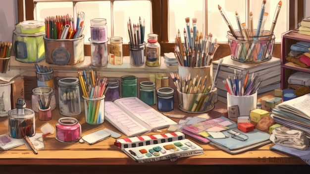 Drawing tools are spread out on the table in watercolor style AI generated