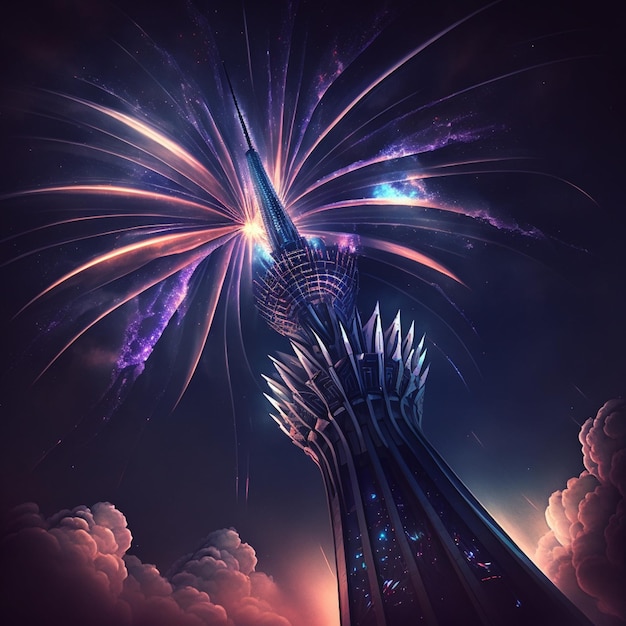 A drawing of a tower with fireworks in the sky.