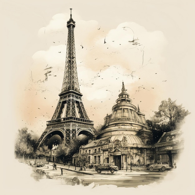 에펠탑이 쓰여진 탑이 있는 탑의 그림입니다.