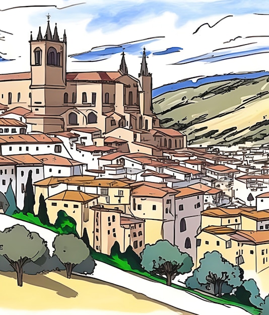 Photo a drawing of a town with a church on the top of it