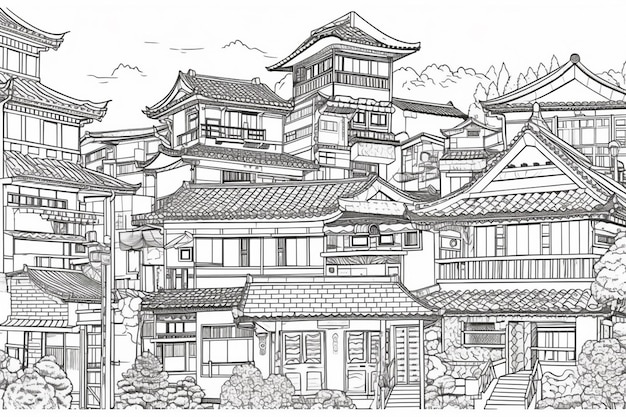 A drawing of a traditional japanese house.