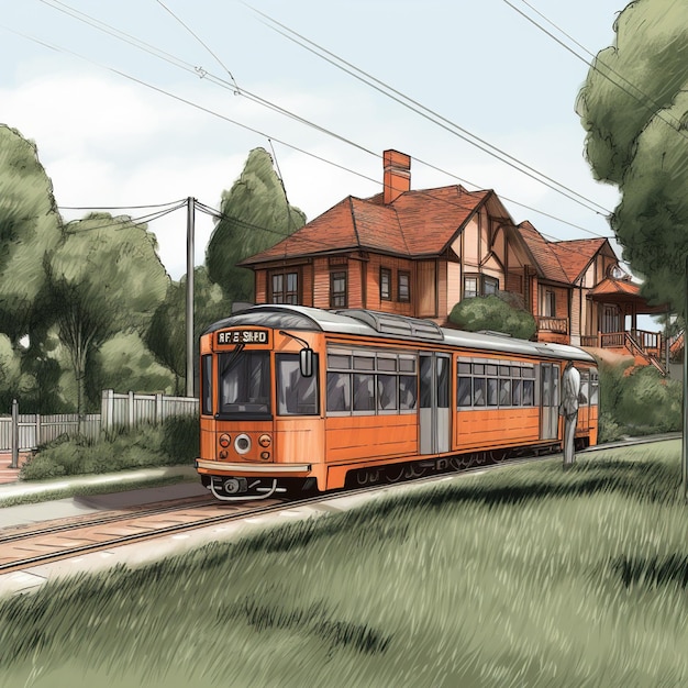 A drawing of a train and a house behind it