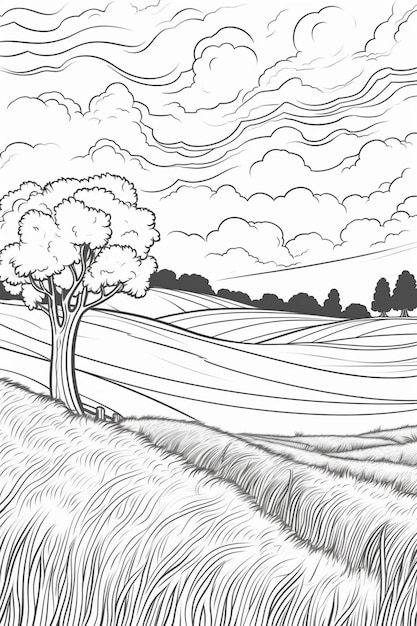 Photo a drawing of a tree in a field with a cloudy sky generative ai