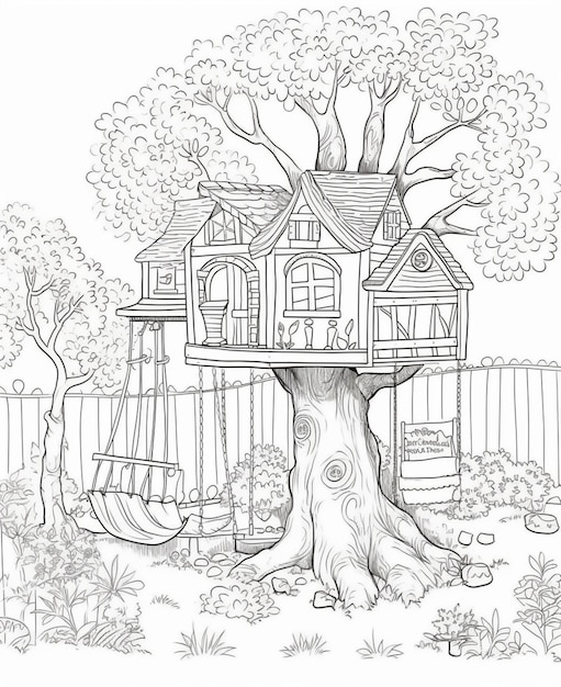 Рисунок домика на дереве в саду.