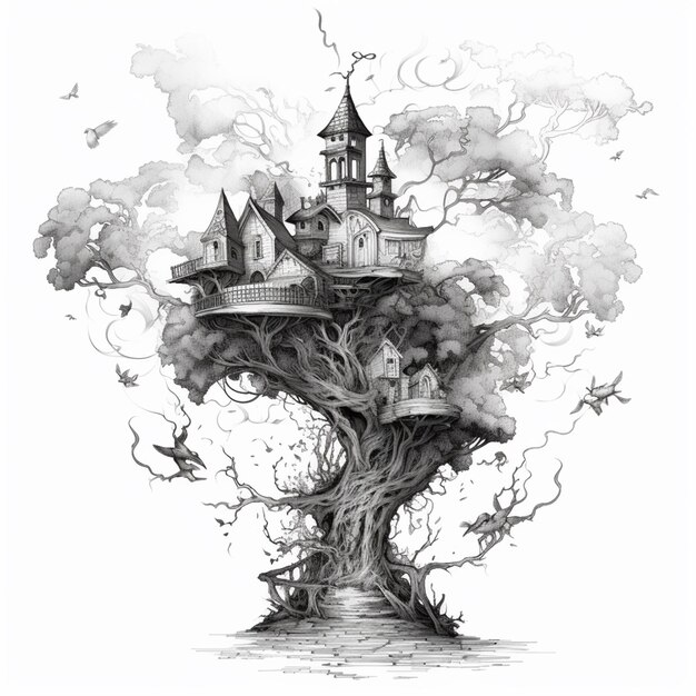 Photo a drawing of a tree house with a castle on top generative ai