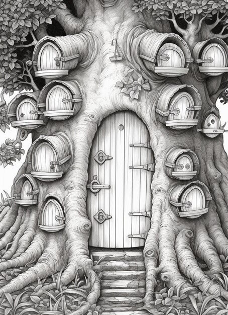 Foto un disegno di una casa sull'albero con una porta e molte finestre