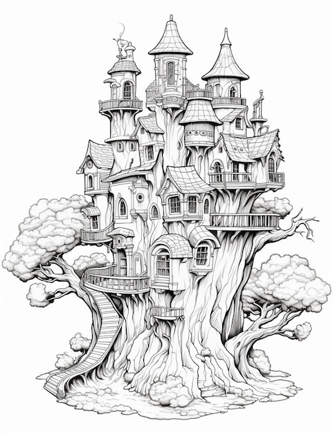 a drawing of a tree house with a lot of windows generative ai
