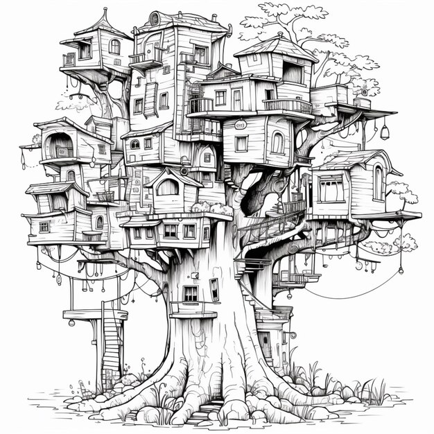 Foto un disegno di una casa sull'albero con un sacco di finestre generative ai