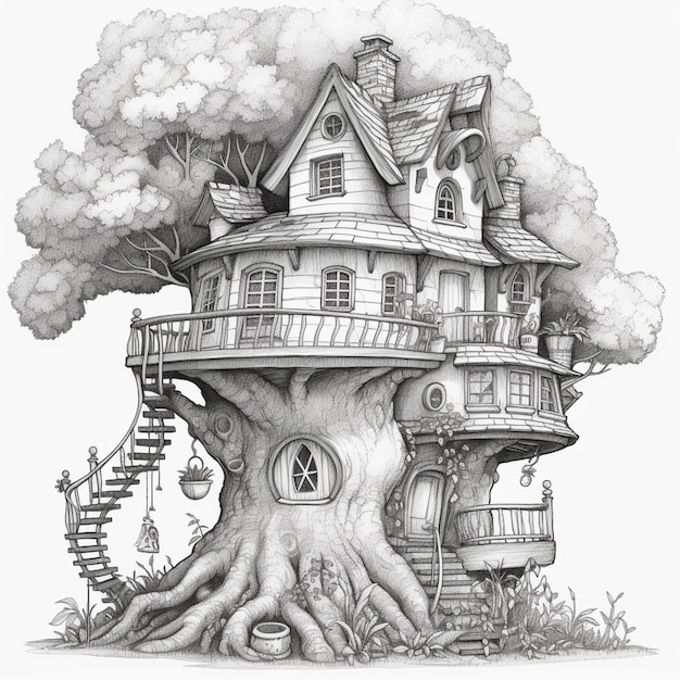 A drawing of a tree house with a staircase and a tree generative ai