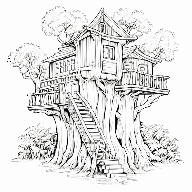 Photo a drawing of a tree house with stairs leading up to the top generative ai