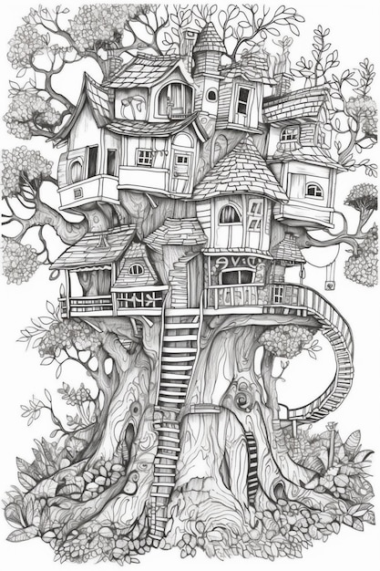 Photo a drawing of a tree house with stairs leading up to the top generative ai