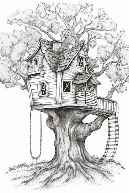 Photo a drawing of a tree house with a swing in the middle generative ai