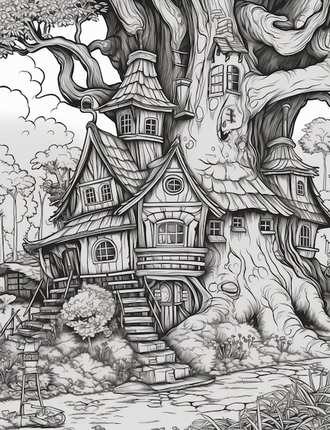 a drawing of a tree house with a swing in the middle generative ai