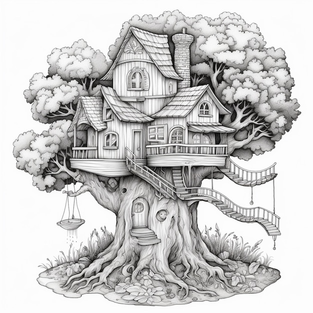 Photo a drawing of a tree house with a swing in the middle generative ai