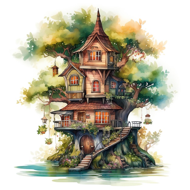 a drawing of a tree house with a tree house on the bottom.