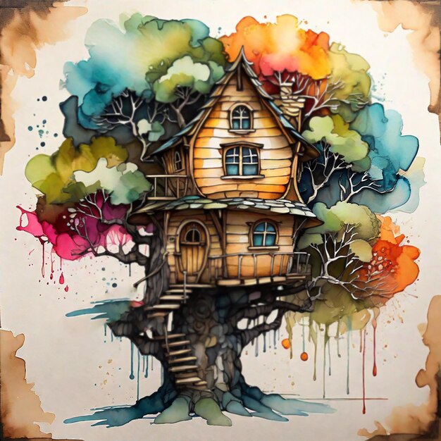 Foto un disegno di una casa sull'albero con una casa sugli alberi