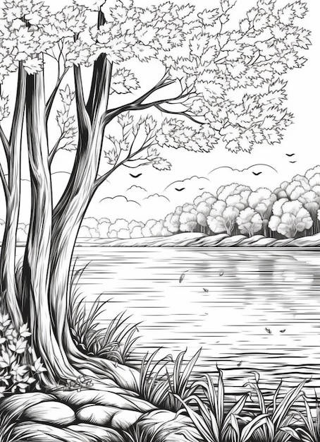 a drawing of a tree and a lake with birds flying around generative ai