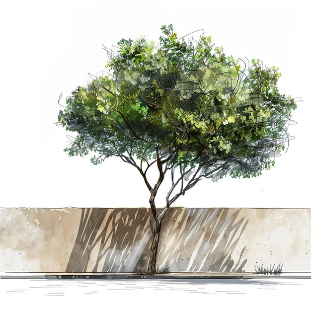 a drawing of a tree and a wall with the shadow of a tree