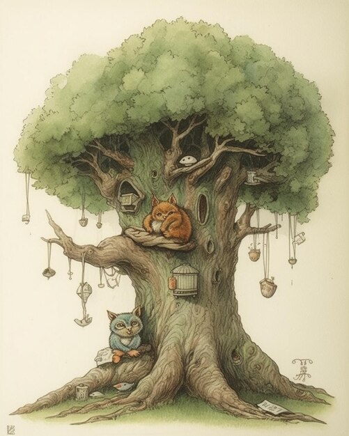 A drawing of a tree with a cat sleeping on it.