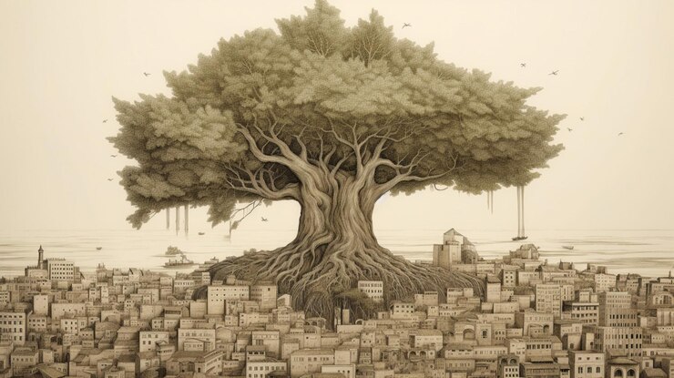배경 에 도시 가 있는 나무 의 그림