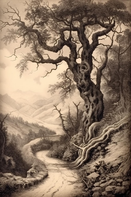 A drawing of a tree with a mountain in the background.