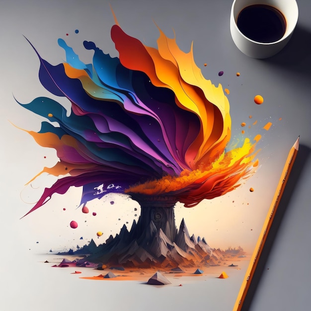 A drawing of a tree with a pencil and a cup of coffee.