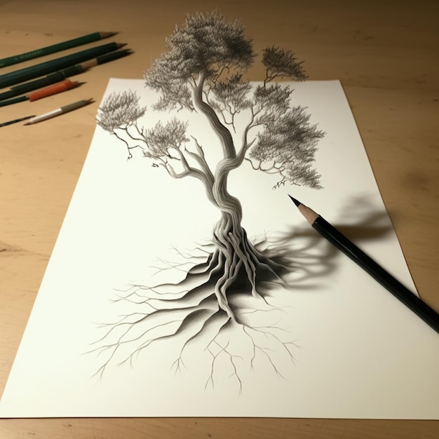 A drawing of a tree with a pencil on it