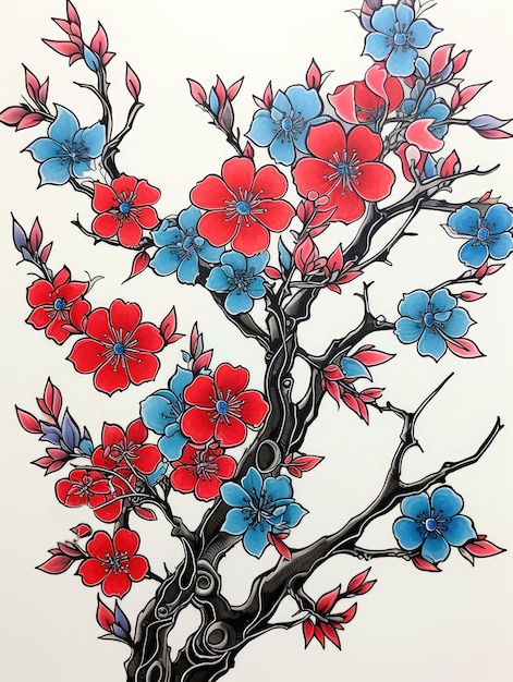 赤と青の花を持つ木の絵。