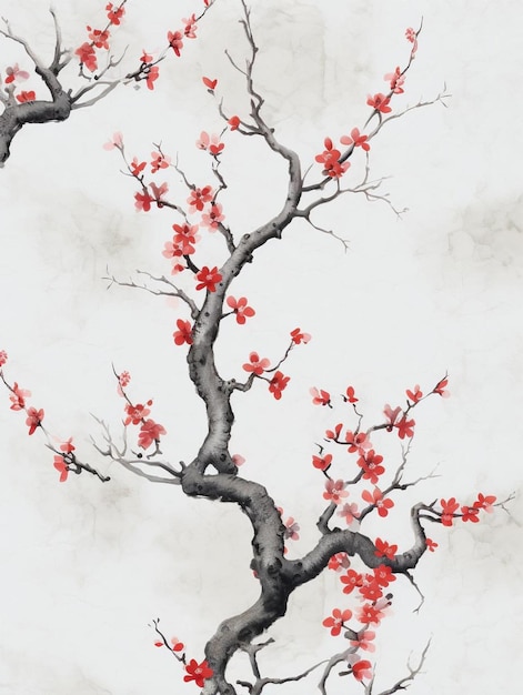 a drawing of a tree with red flowers on it