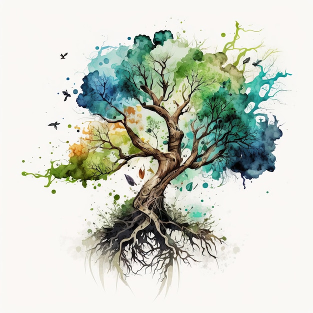 Рисунок дерева с корнями в ярких красках акварелью Generative AI